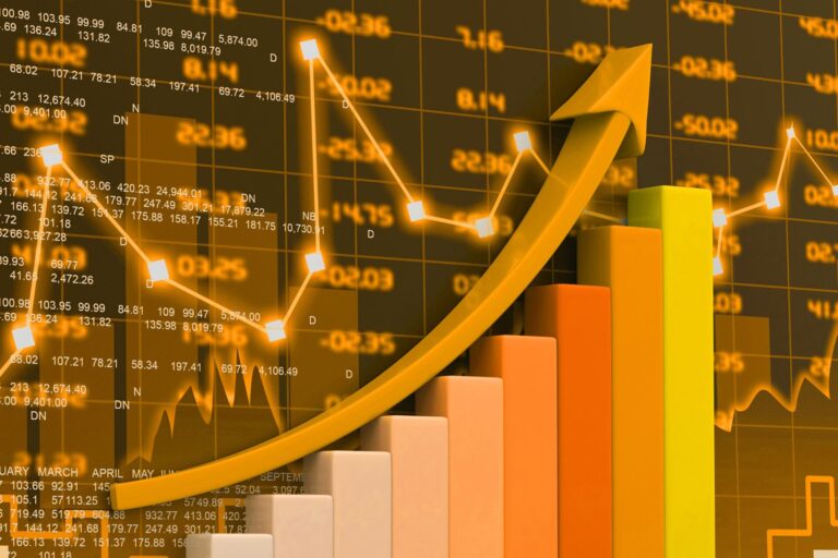Bar chart with a rising arrow over market data, representing positive momentum and upward market movement.