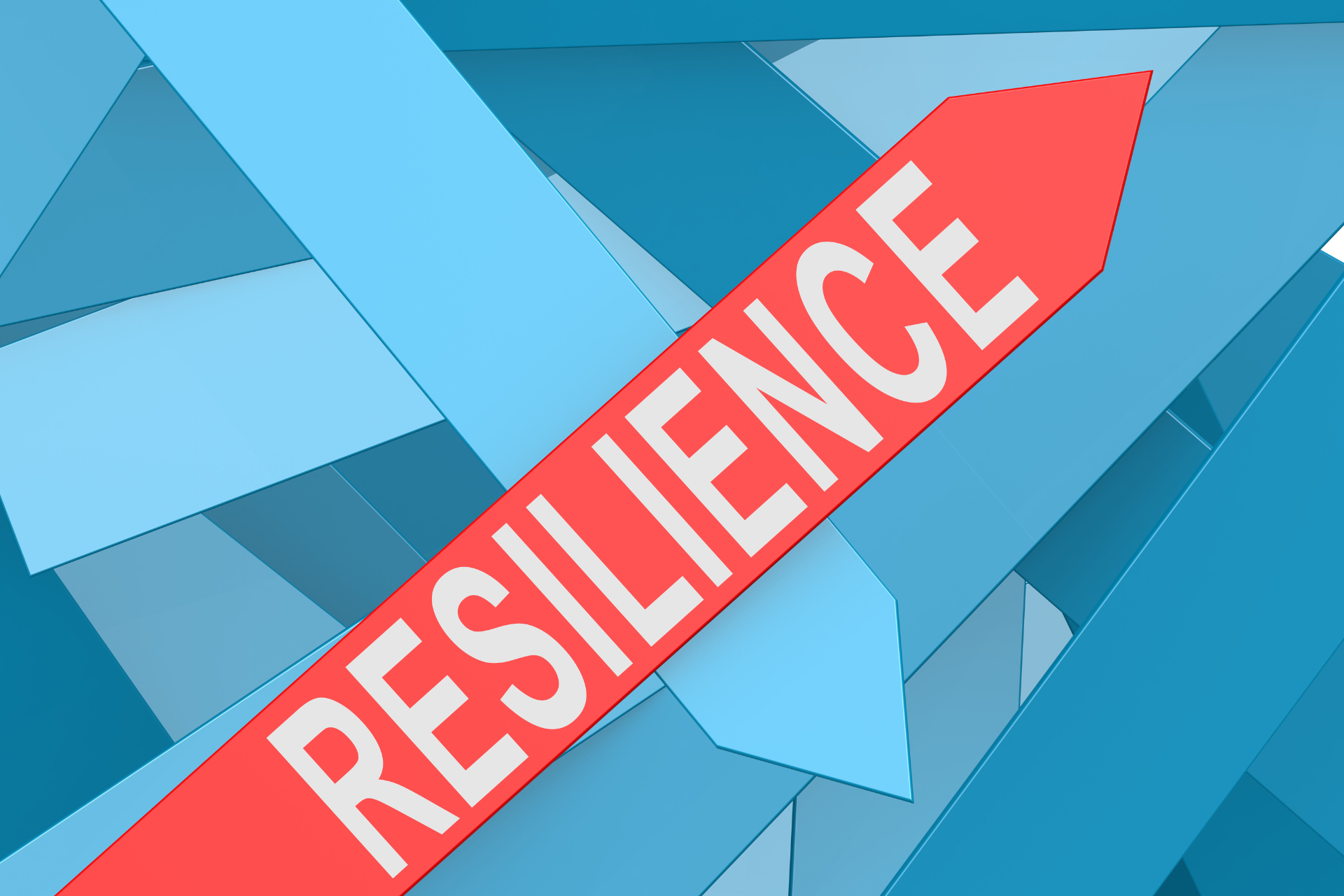 Red arrow labeled “RESILIENCE” rises through blue arrows, symbolizing market strength amid ongoing uncertainty.