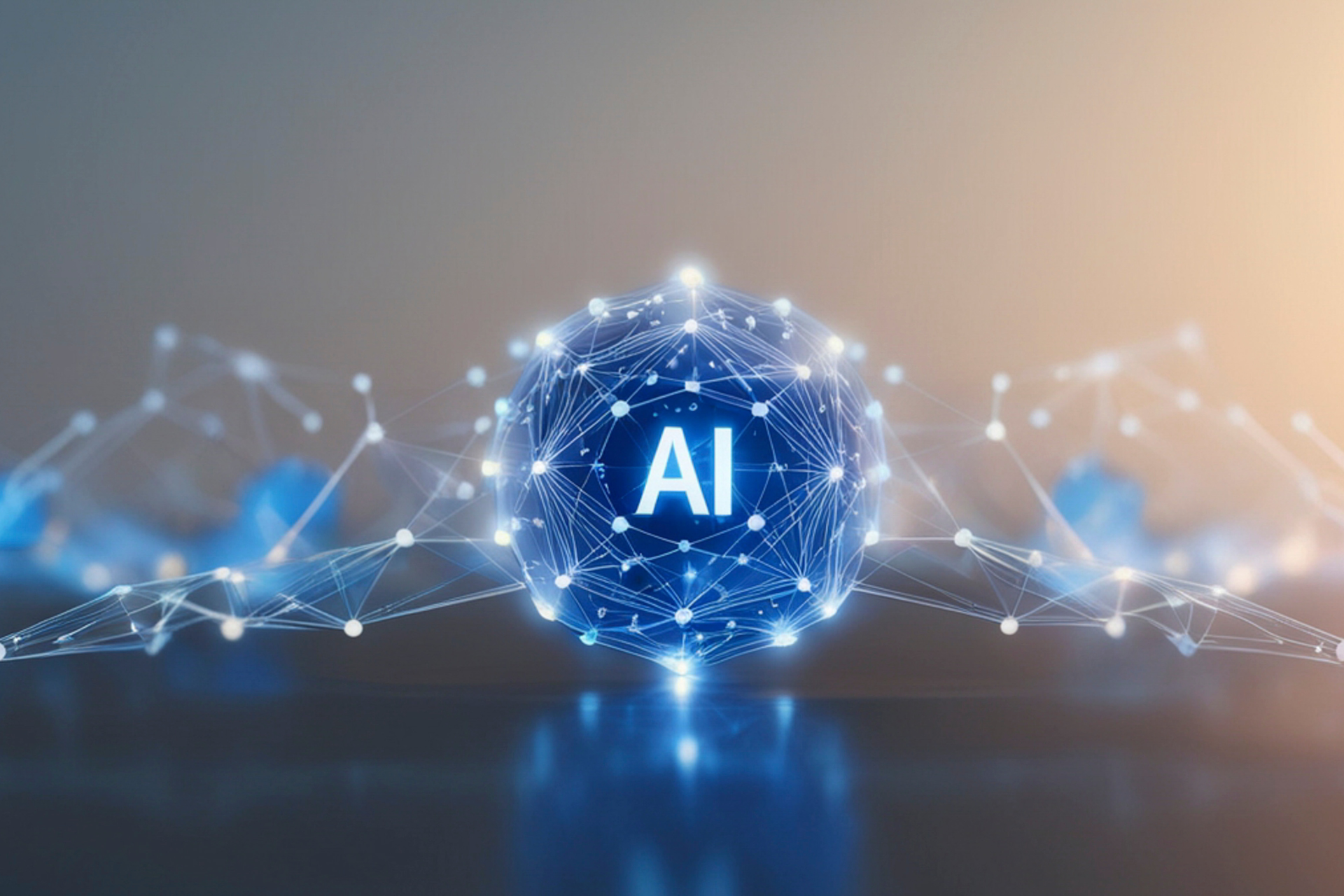 Glowing AI symbol surrounded by interconnected digital networks, illustrating artificial intelligence's growing role in the economy.